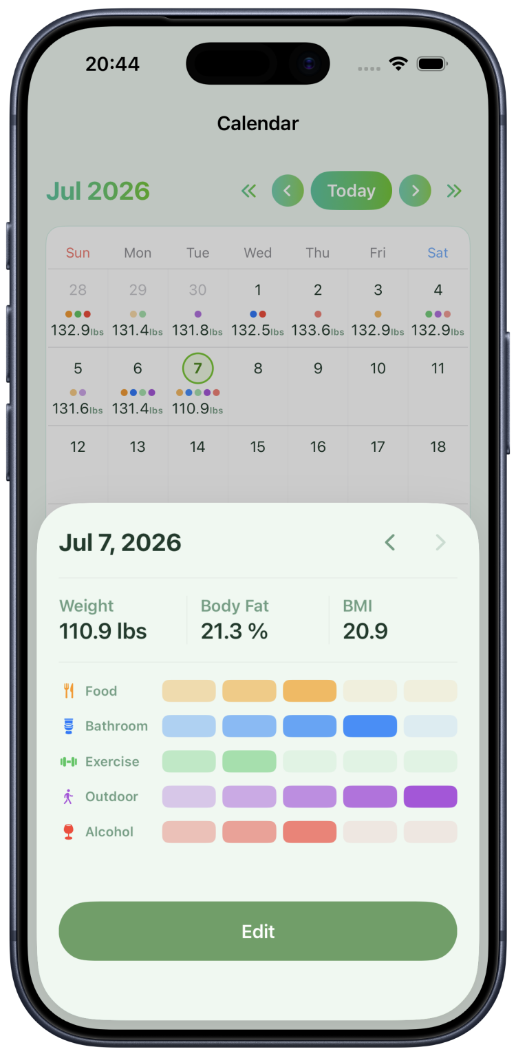 Screenshot of the Calendar screen showing the day-detail sheet