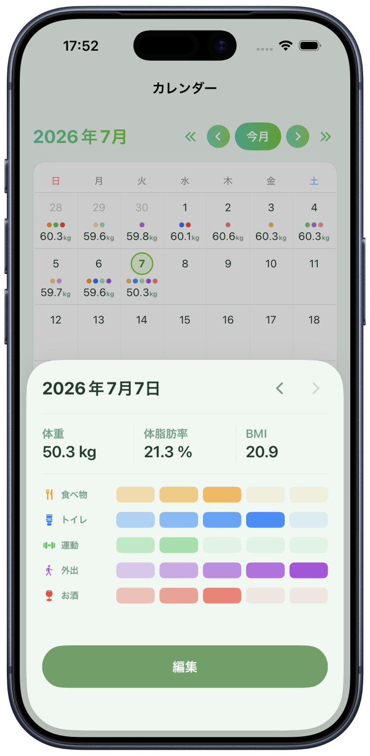カレンダー画面（日別詳細シート表示）のスクリーンショット